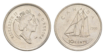Канада 10 центов 2000 Елизавета II (1952-2022), парусник KM 183 никель UNC 4630-851