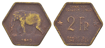 Бельгийское Конго 2 франка 1943 KM 25 латунь 4650-441