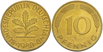 ФРГ 10 ПФЕННИГОВ 1980 F KM 108, J. 383 сталь плакированная латунью 219-532