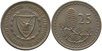Кипр 25 милей 1976 KM 40 медно-никель 4567-667