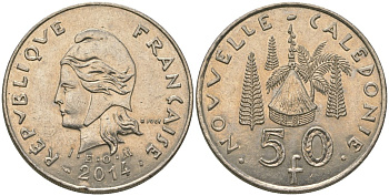 Французская Новая Каледония 50 франков 2014 хижина среди сосен и пальм, (IEOM) KM 13a, Schoen 15a, Lec 128i медно-никель 176-1116
