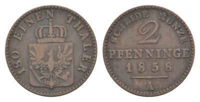 Пруссия 2 пфеннига 1858 A, Фридрих Вильгельм IV (1840-1861) KM 452, Jaeger 51, Olding 336, AKS 91 медь 4651-312