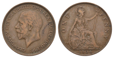 Великобритания 1 пенни 1936 Георг V (1910-1936) KM 838, Spink 4055 бронза 4692-721