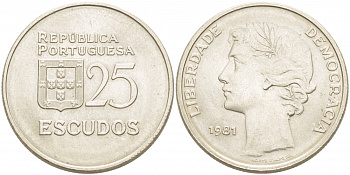 ПОРТУГАЛИЯ 25 ЭСКУДО 1981 KM 607а медно-никель UNC 4403-1035