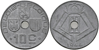 БЕЛЬГИЯ 10 САНТИМОВ 1944 BELGIE-BELGIQUE, ГЕРМАНСКАЯ ОККУПАЦИЯ, ВТОРАЯ МИРОВАЯ ВОЙНА KM 126 цинк 3334-255