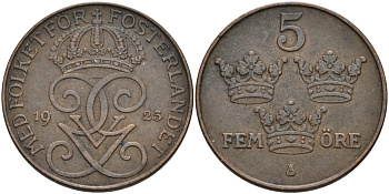 Швеция 5 эре 1925 Густав V (1907-1950) KM 779.2 бронза 4557-613