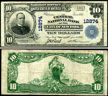 США 10 долларов 1902 National Bank Note, Центральный Национальный банк Нью-Йорка Fr 635  бумага   10-3-11