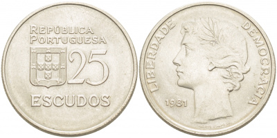Португалия 25 эскудо 1981 KM 607а медно-никель UNC 4403-1035