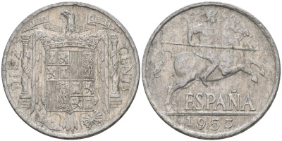 Испания 10 сентимо 1953 Франсиско Франко (1939 - 1975) KM 766 алюминий 4155-252