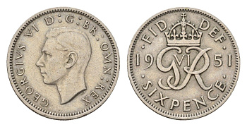 Великобритания 6 пенсов 1951 Георг VI (1936-1952) KM 875, Spink 4110 медно-никель 99-1056