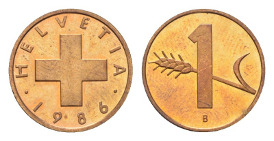Швейцария 1 раппен 1986 B KM 46 бронза UNC 4708-311