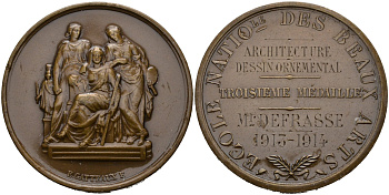 Франция медаль 1914 Национальная школа изобразительных искусств награждает месье DEFRASSE, бронзовой медальЮ, за архитектуру и нанесение рисунка, диаметр 41 мм., в лаке бронза 1095-7-41