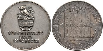 Австрия медаль 1963 серия университет Инсбрука, открытия 1963 года, медальер Kolblinger, диаметр 40 мм., серебрение бронза 4552-232