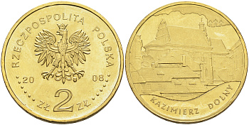 Польша 2 злотых 2008 серия города Польши, Казимеж-Дольны KM 641 латунь 4589-355