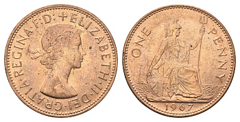 Великобритания 1 пенни 1967 Елизавета II (1952-2022) KM 897, Spink 4157 бронза UNC 4661-1016
