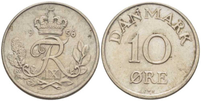 ДАНИЯ 10 ЭРЕ 1956 C; S, ФРЕДЕРИК IX (1947-1972) KM 841.2 медно-никель 4387-732