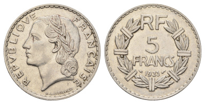 Франция 5 франков 1933 KM 888, Le Franc 336 никель 4120-925