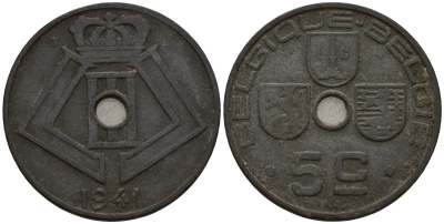 Бельгия 5 сантимов 1941 Belgique - Belgie, Леопольд III (1934-1947), германская оккупация, Вторая мировая война KM 123 цинк 4160-1117