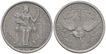 Французская Новая Каледония 1 франк 1977 птица кагу, (IEOM) KM 10, Schoen 10, Lec 40 алюминий    51-1014