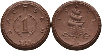 Саксония 1 марка 1921 парусник J. N 55 фарфор 1094-3-43