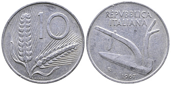 ИТАЛИЯ 10 ЛИР 1967 R. ПЛУГ KM 93 алюминий 51-2932