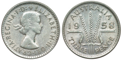 Австралия 3 пенса 1958 m, Елизавета II (1952-2022) KM 57 серебро 71-553
