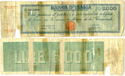 Италия 5000 лир 1945 Pick 78а бумага 2192-91-1