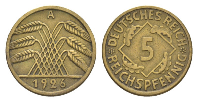 Германия 5 рейхспфеннигов 1926 A KM 39, J. 316 алюминиевая бронза 4636-734