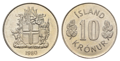 Исландия 10 крон 1980 KM 15 медно-никель UNC 4582-222