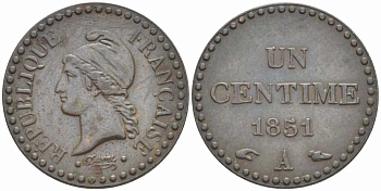 ФРАНЦИЯ 1 САНТИМ 1851 A, ВТОРАЯ РЕСПУБЛИКА (1848-1852) KM 754, LE FRANC 101.7 бронза 105-345