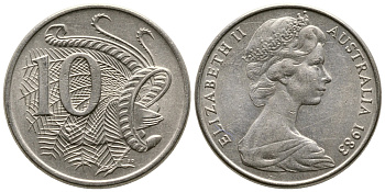 Австралия 10 центов 1983 Елизавета II (1952-), птица лирахвост KM 65 медно-никель 84-715