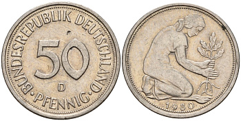 ФРГ 50 пфеннигов 1980 D KM 109, J. 384 медно-никель 4176-1115