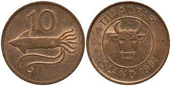 Исландия 10 эйре 1981 кальмар KM 25 бронза 211-818