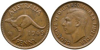 АВСТРАЛИЯ 1 ПЕННИ 1949 ГЕОРГ VI KM 43 бронза 74-221