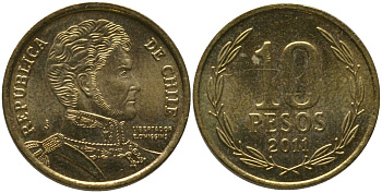 Чили 10 песо 2011 So KM 228.2, Schon 82 алюминиевая бронза UNC 4544-857