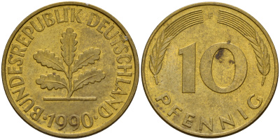 ФРГ 10 пфеннигов 1990 F J. 383, KM 108 сталь плакированная латунью    4603-626