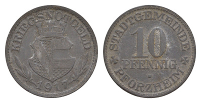 Пфорцгейм 10 пфеннигов 1917 Funck 423.1, Men05 20430.1, Men18 25604.1 цинк 4547-652