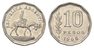Аргентина 10 песо 1966 Гауч KM 60 сталь плакированная никелем 4663-656