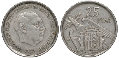 ИСПАНИЯ 25 ПЕСЕТ 1957 (58) ФРАНСИСКО ФРАНКО ДИКТАТОР ИСПАНИИ (1939-1975) KM 787 медно-никель 45-1047