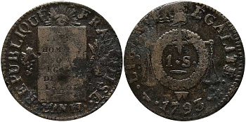 ФРАНЦИЯ 1 СОЛЬ 1793 W, МОНДВОР ЛИЛЛЬ, ЛЮДОВИК XVI (1774-1793), ВЕСЫ, КОНСТИТУЦИЯ KM 619.12 (С 122.12) бронза 633-1843
