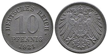 ГЕРМАНИЯ 10 ПФЕННИГОВ 1921 KM 26, J. 299 цинк 4380-245