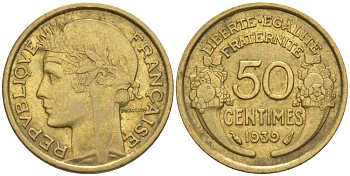 ФРАНЦИЯ 50 САНТИМОВ 1939 ТИП MORLON KM 894.1, LE FRANC 192.15 алюминиевая бронза 44-865