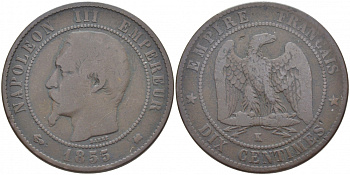 ФРАНЦИЯ 10 САНТИМОВ 1855 K, НАПОЛЕОН III (1852-1870) KM 771.5, LE FRANC 133.27 бронза 114-641