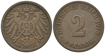 Германия 2 пфеннига 1910 D KM 16, J. 11 медь 4651-1146