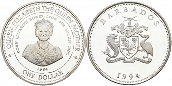 Барбадос 1 доллар 1994 94 года со дня рождения Королевы матери KM 57 серебро PROOF 1066-1-56