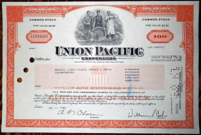 США, Union Pacific Corporation 100 акций 1984 бумага 8802-61-1