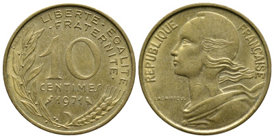 Франция 10 сантимов 1971 тип Марианна KM 929 медь алюминий никель 3461-224