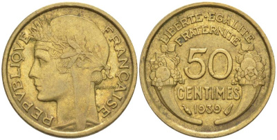 ФРАНЦИЯ 50 САНТИМОВ 1939 ТИП MORLON KM 894.1, LE FRANC 192.15 алюминиевая бронза 44-865