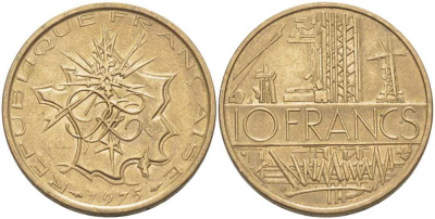 Франция 10 франков 1975 тип Матье KM 940, Le Franc 365.5-6 никель латунь 97-925