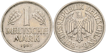 ФРГ 1 марка 1965 J KM 110, J. 385 медно-никель 4177-1111